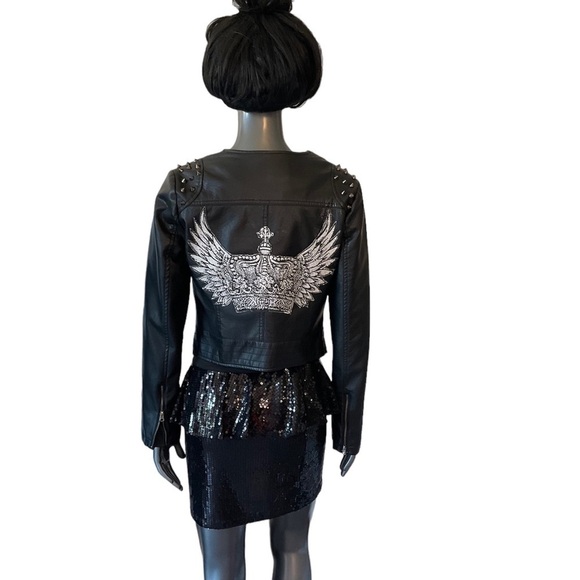 Faux leather. Studded Moto Jacket. Zippered. Upcycled. SzM. Miss London